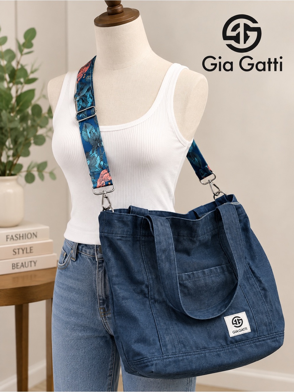 Gia Gatti Denim Tote Bag with Floral Strap - Navy Blue